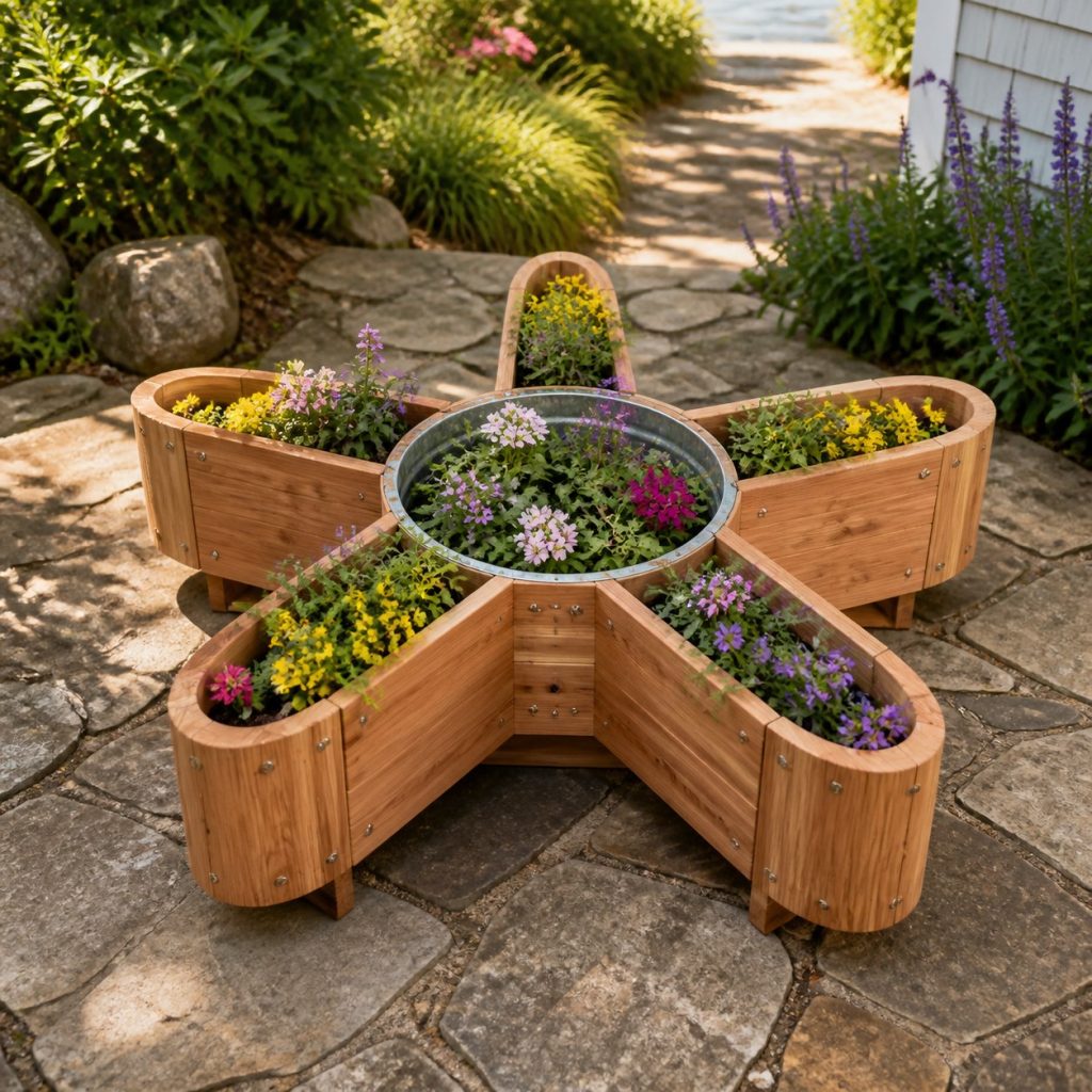 Starfish with Galvanized Liner shown as a square photorealistic cedar starfish-shaped garden planter filled with flowers