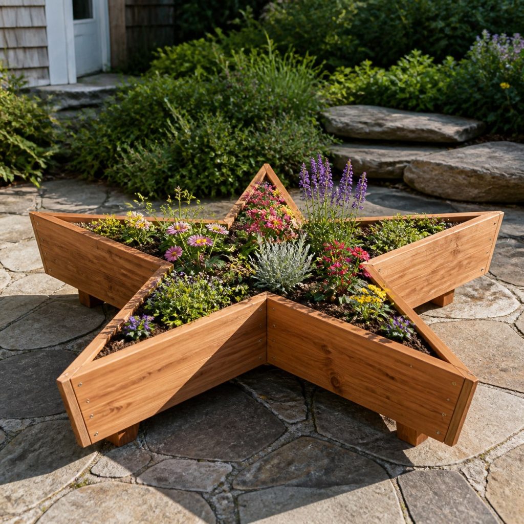 Modern Geometric Starfish shown as a square photorealistic cedar starfish-shaped garden planter filled with flowers