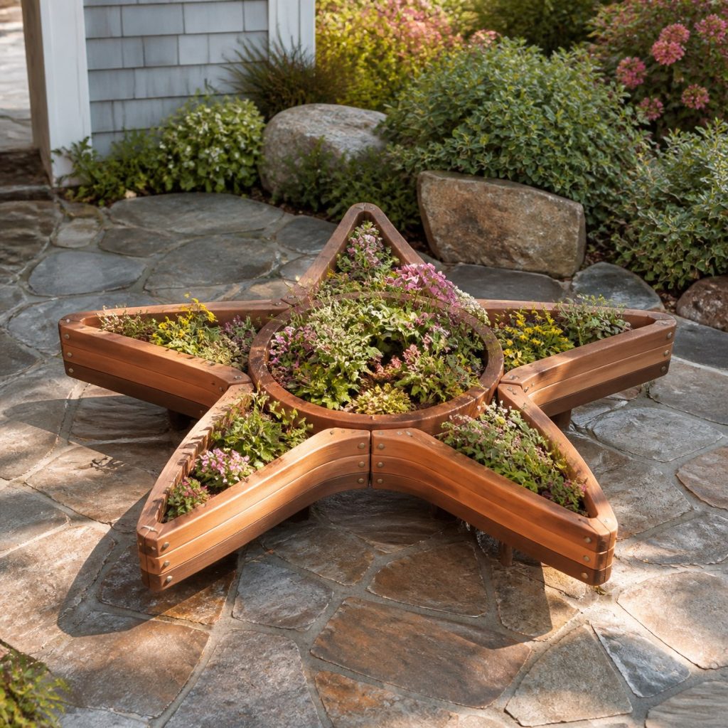 Two-Tone Cedar Starfish shown as a square photorealistic cedar starfish-shaped garden planter filled with flowers