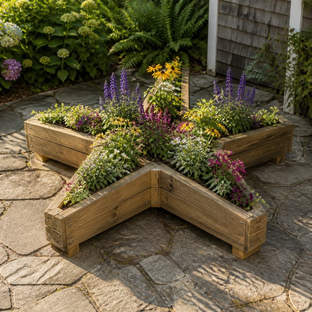 Weathered Cottage Starfish shown as a square photorealistic cedar starfish-shaped garden planter filled with flowers