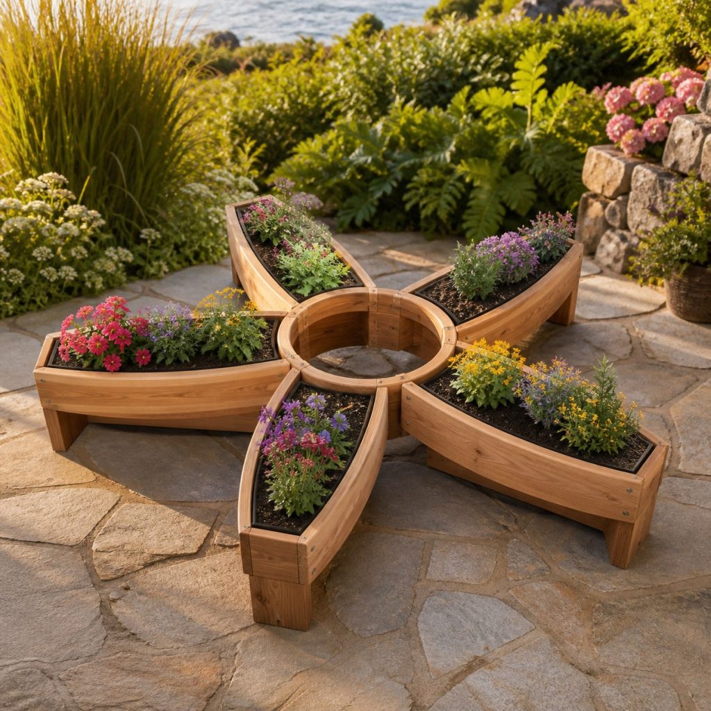 Five-Pocket Starfish Planter shown as a square photorealistic cedar starfish-shaped garden planter filled with flowers