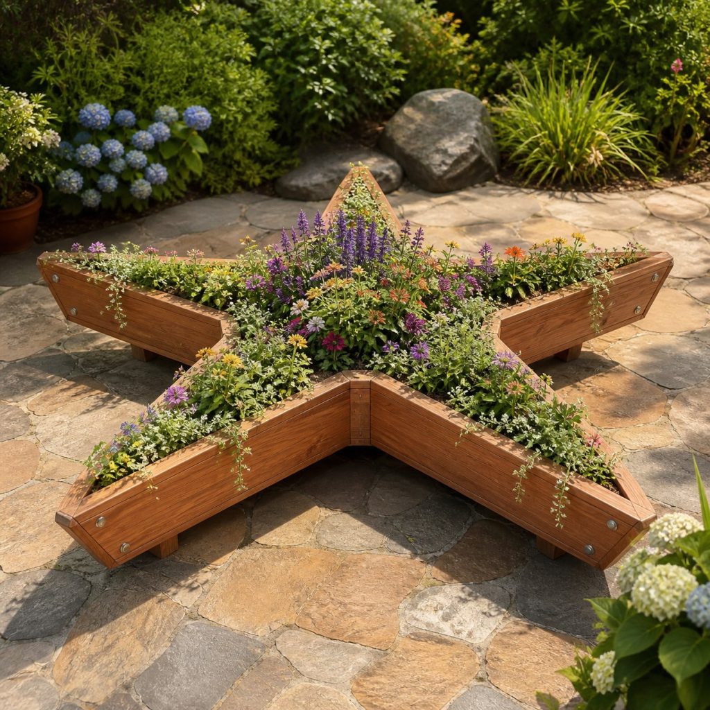 Trailing-Flower Starfish shown as a square photorealistic cedar starfish-shaped garden planter filled with flowers