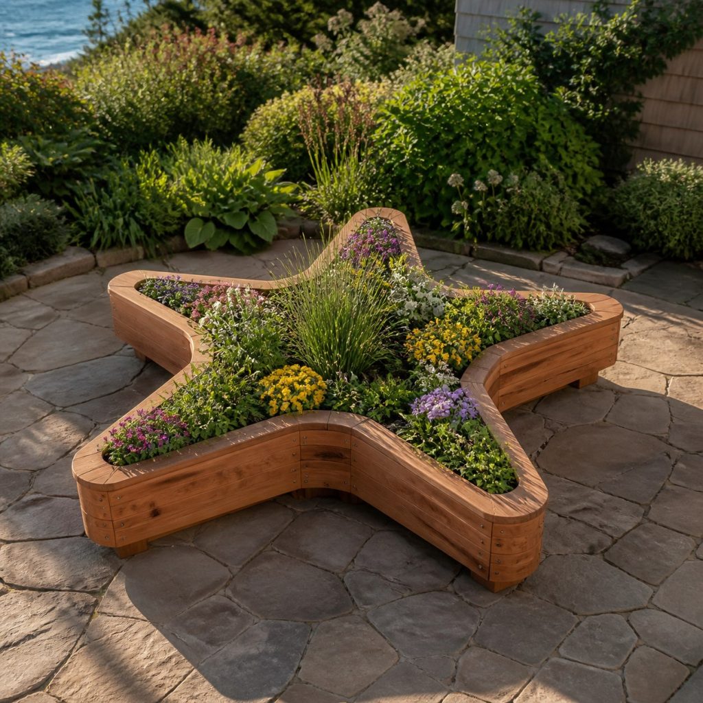 Large Grass-Filled Starfish shown as a square photorealistic cedar starfish-shaped garden planter filled with flowers
