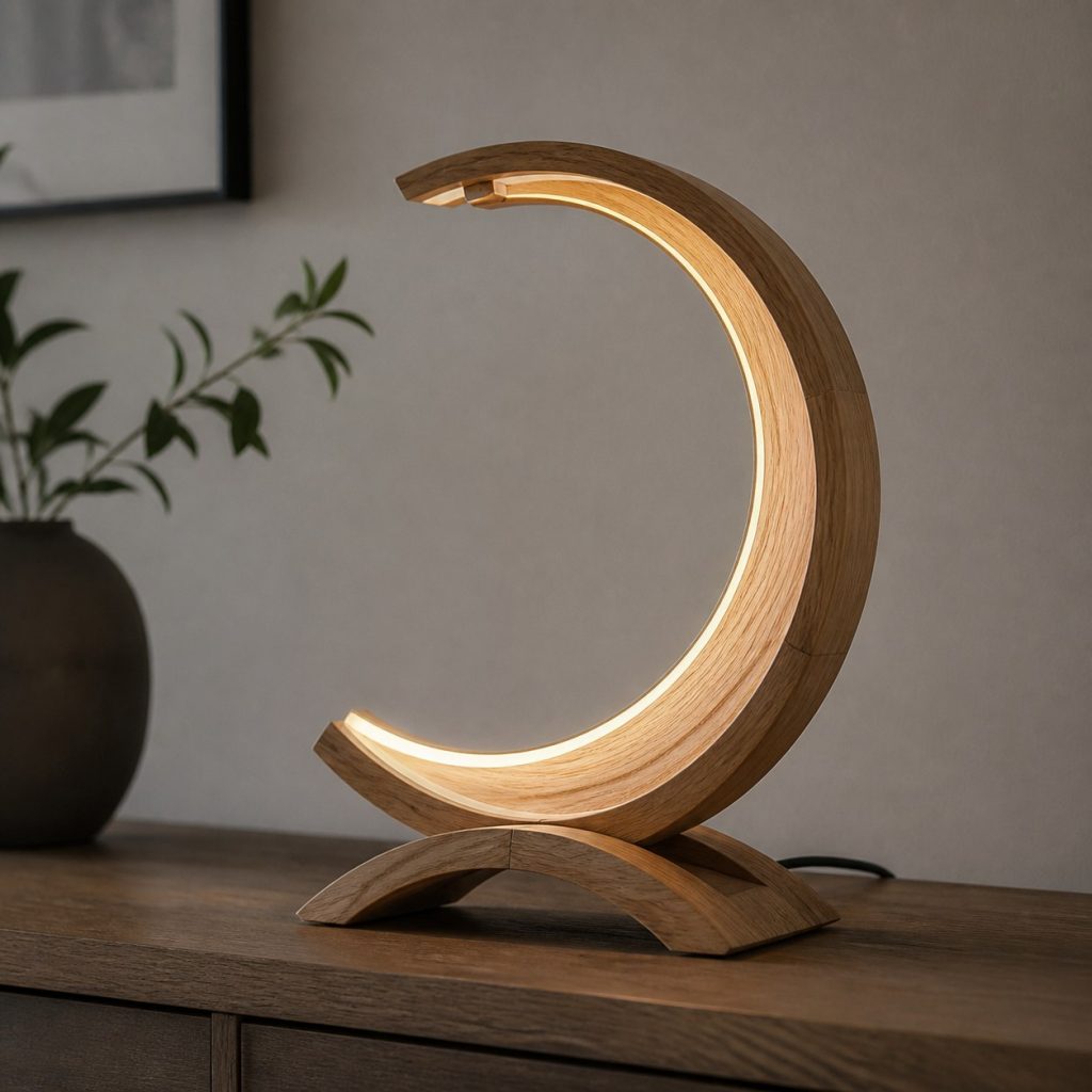Steam-Bent Oak Crescent Lamp shown as an original square photorealistic steam-bent solid wood lamp with authentic wood texture, warm diffused light, and a short dark power cord