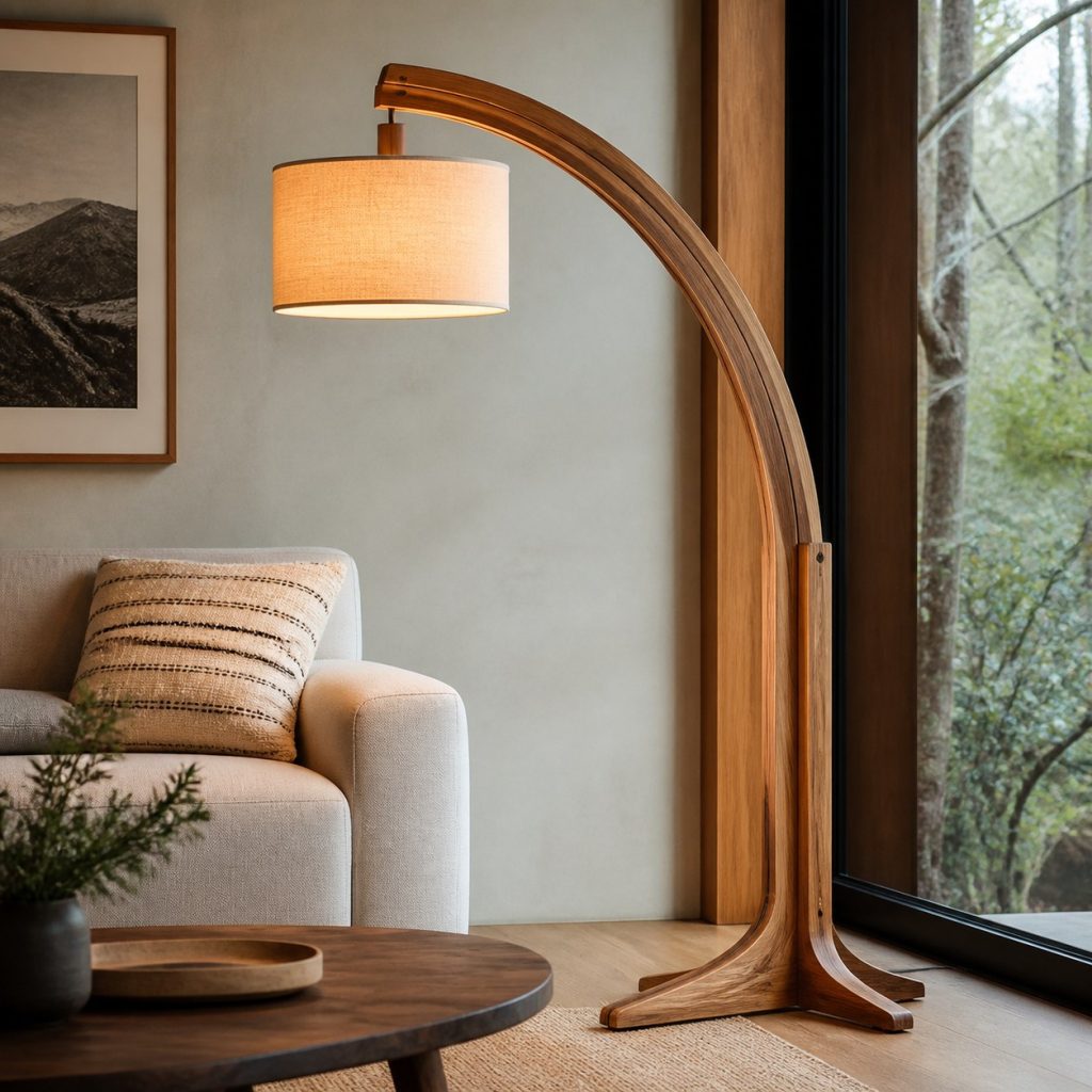 Steam-Bent Ash Arc Floor Lamp shown as an original square photorealistic steam-bent solid wood lamp with authentic wood texture, warm diffused light, and a short dark power cord