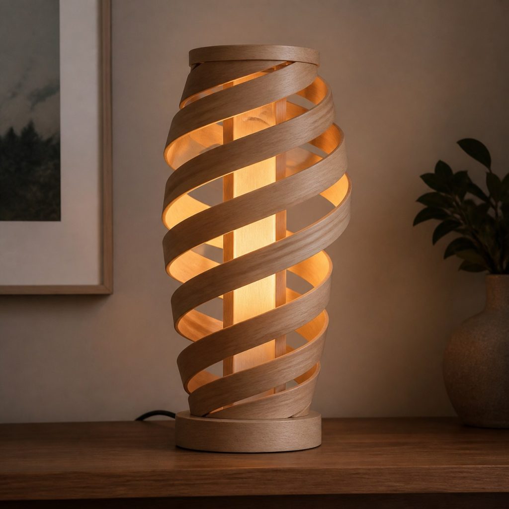 Steam-Bent Beech Spiral Lamp shown as an original square photorealistic steam-bent solid wood lamp with authentic wood texture, warm diffused light, and a short dark power cord