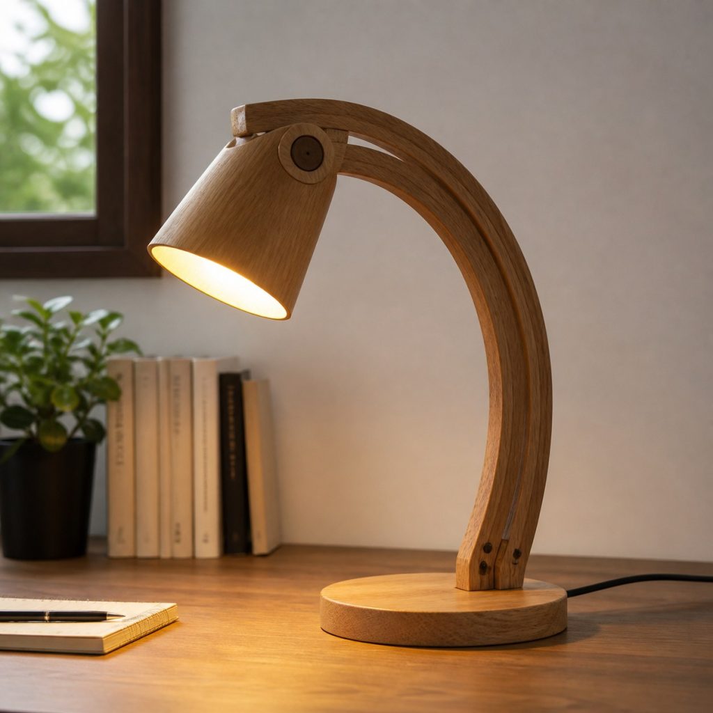 Steam-Bent Oak Task Lamp shown as an original square photorealistic steam-bent solid wood lamp with authentic wood texture, warm diffused light, and a short dark power cord