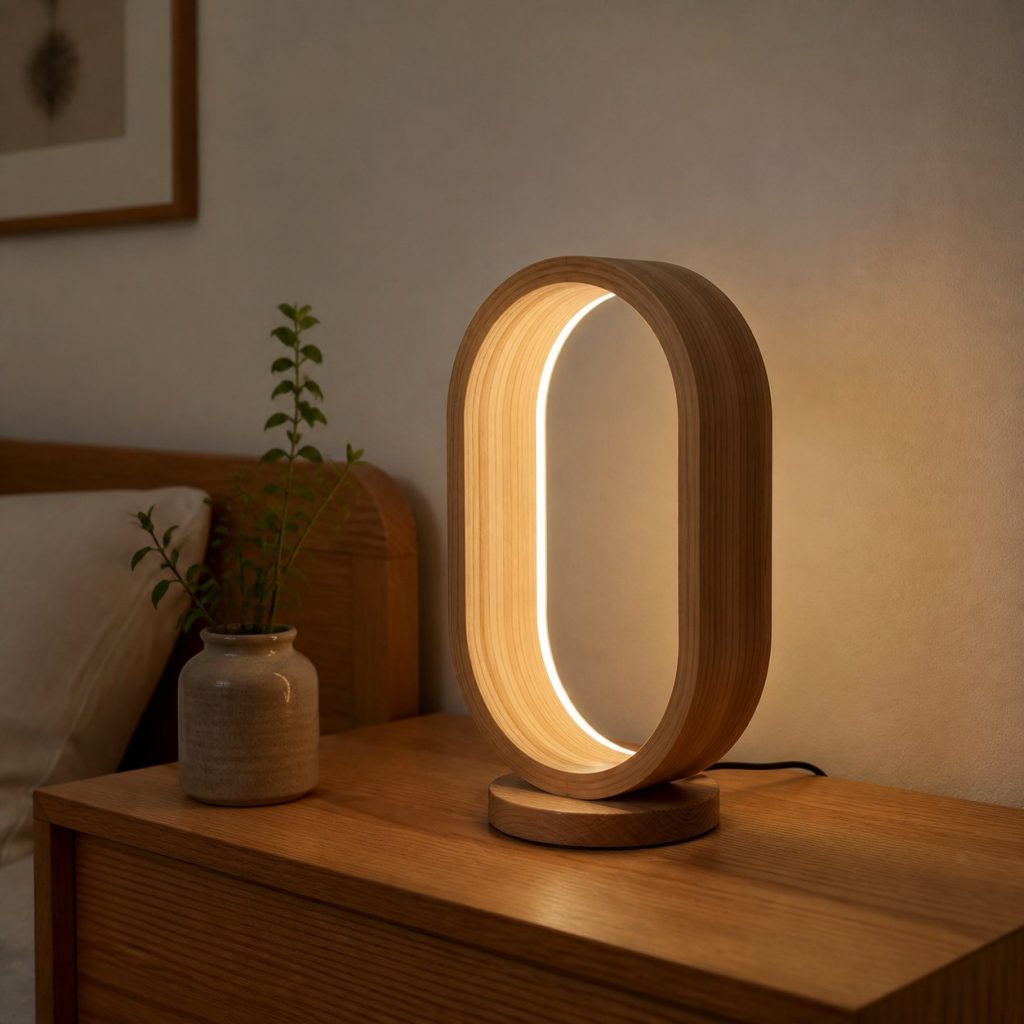 Steam-Bent Ash Oval Lamp shown as an original square photorealistic steam-bent solid wood lamp with authentic wood texture, warm diffused light, and a short dark power cord