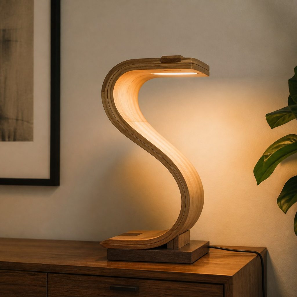 Steam-Bent Beech S-Curve Lamp shown as an original square photorealistic steam-bent solid wood lamp with authentic wood texture, warm diffused light, and a short dark power cord
