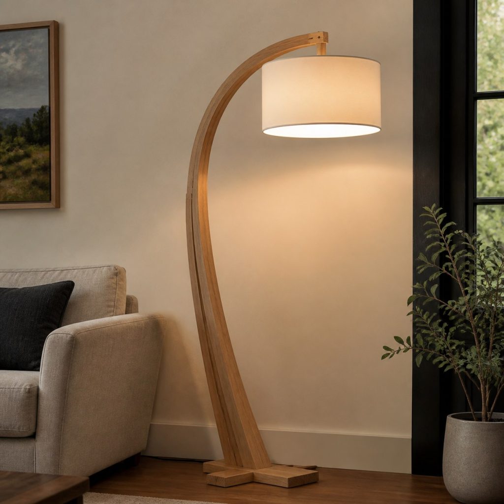 Steam-Bent Oak Bow Lamp shown as an original square photorealistic steam-bent solid wood lamp with authentic wood texture, warm diffused light, and a short dark power cord