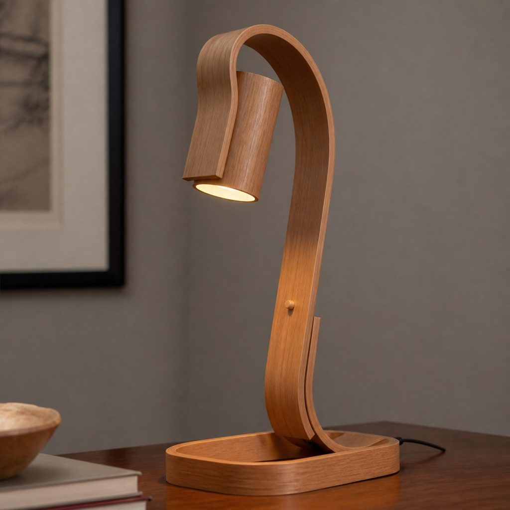 Steam-Bent Ash Loop Lamp shown as an original square photorealistic steam-bent solid wood lamp with authentic wood texture, warm diffused light, and a short dark power cord