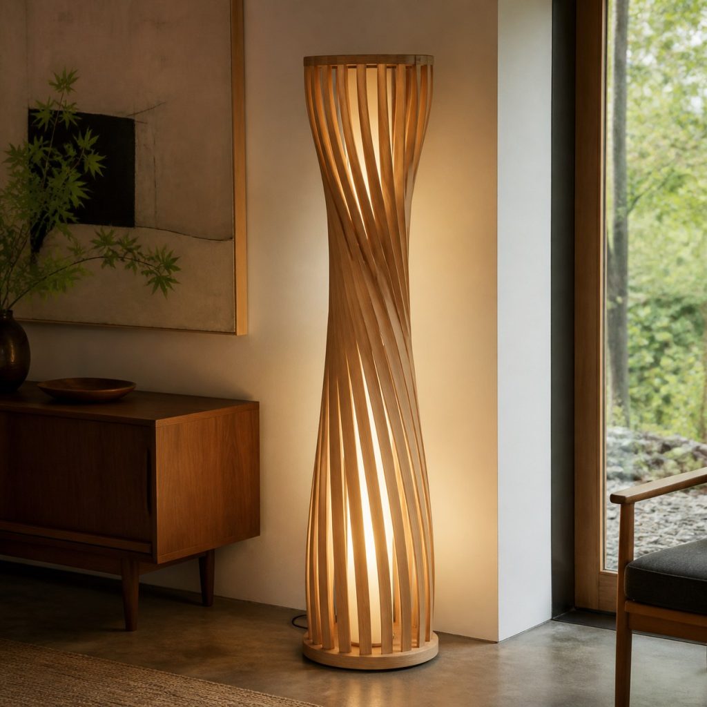Steam-Bent Beech Column Lamp shown as an original square photorealistic steam-bent solid wood lamp with authentic wood texture, warm diffused light, and a short dark power cord