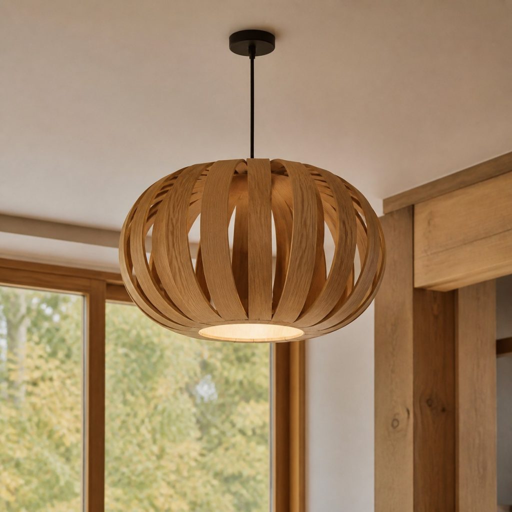 Steam-Bent Oak Pendant shown as an original square photorealistic steam-bent solid wood lamp with authentic wood texture, warm diffused light, and a short dark power cord
