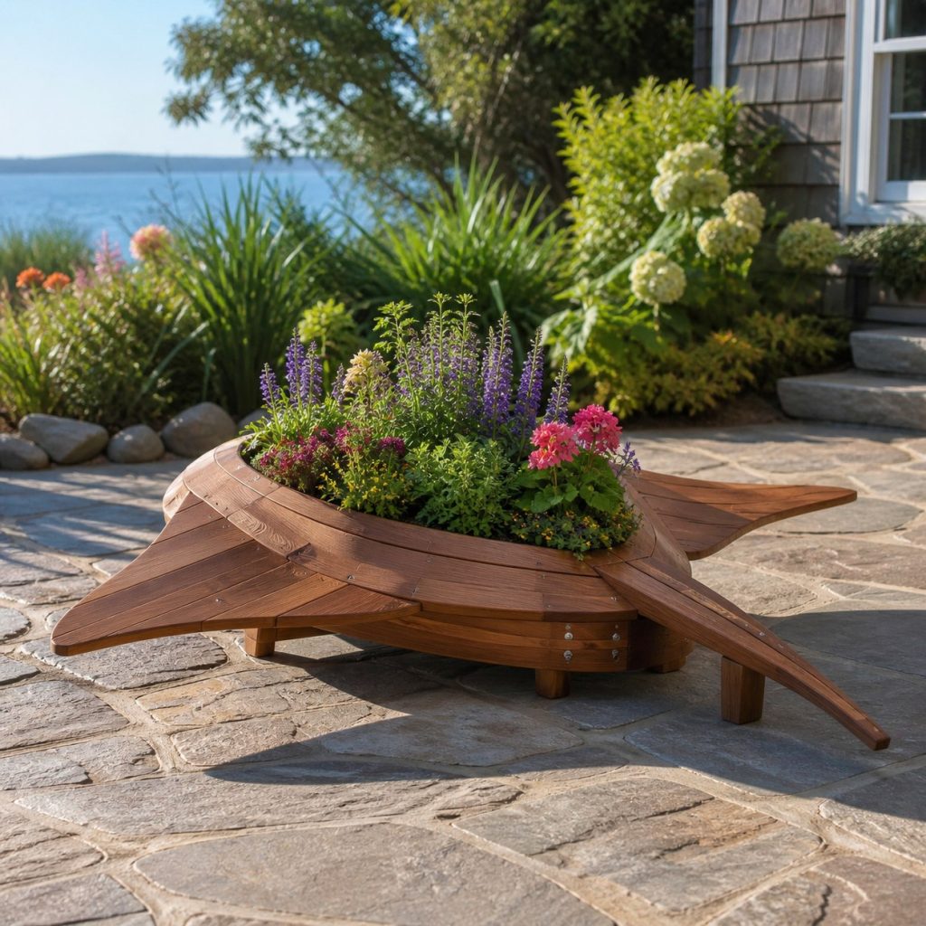 Classic Layered-Wing Stingray shown as a square photorealistic cedar stingray-shaped garden planter filled with flowers