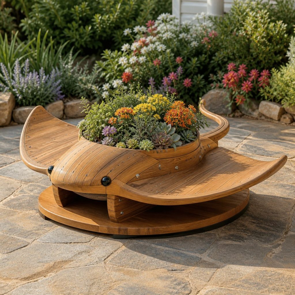 Compact Succulent Stingray shown as a square photorealistic cedar stingray-shaped garden planter filled with flowers
