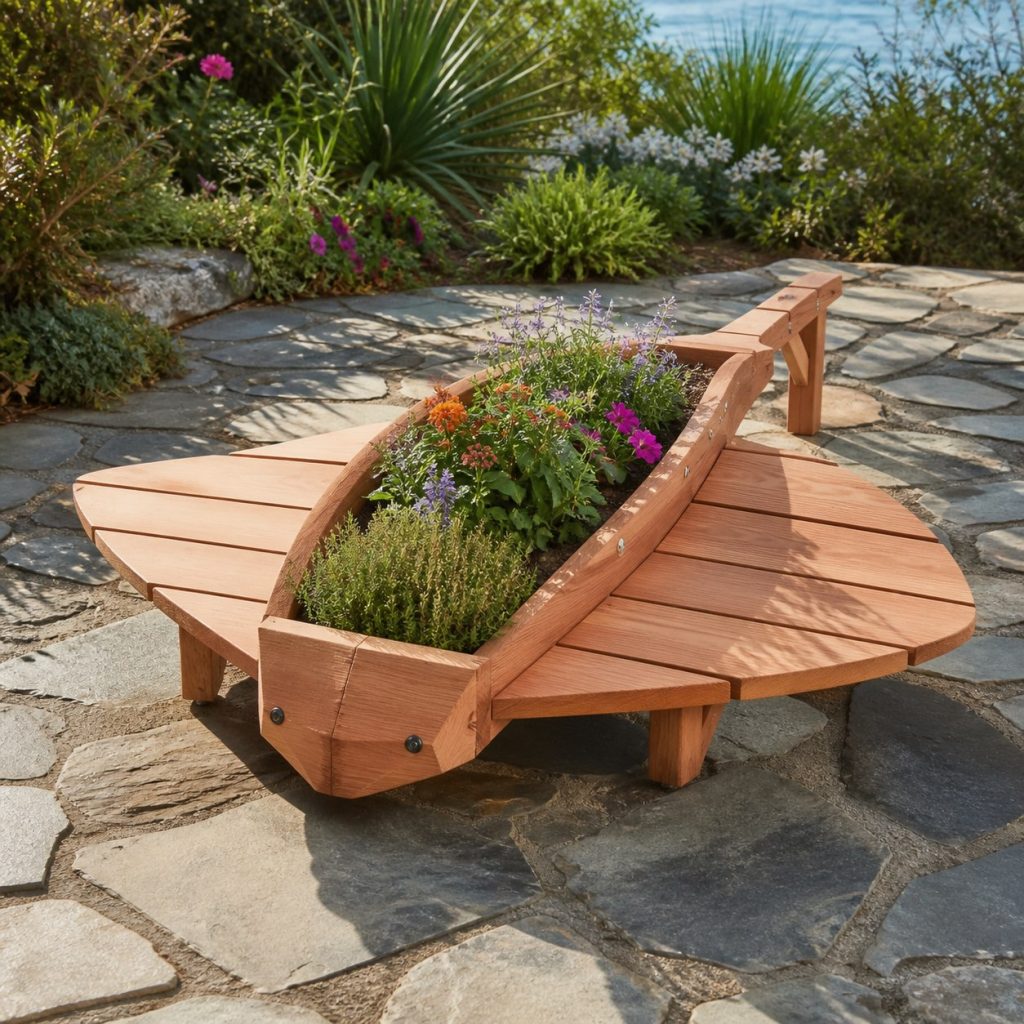 Slatted Herb-Trough Stingray shown as a square photorealistic cedar stingray-shaped garden planter filled with flowers