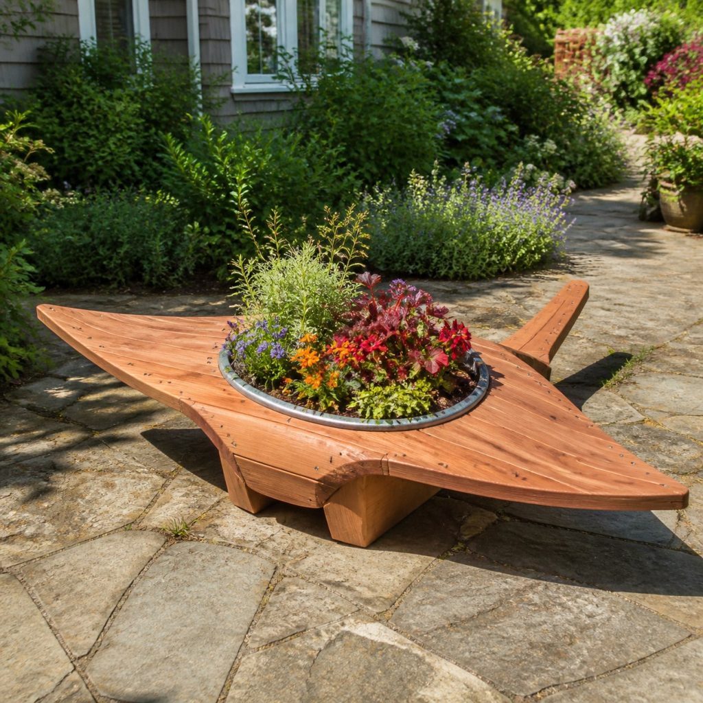 Stingray with Galvanized Liner shown as a square photorealistic cedar stingray-shaped garden planter filled with flowers