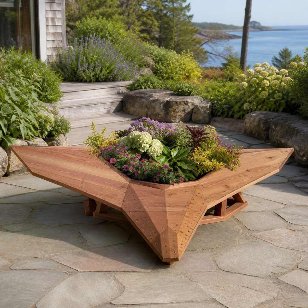 Modern Geometric Stingray shown as a square photorealistic cedar stingray-shaped garden planter filled with flowers