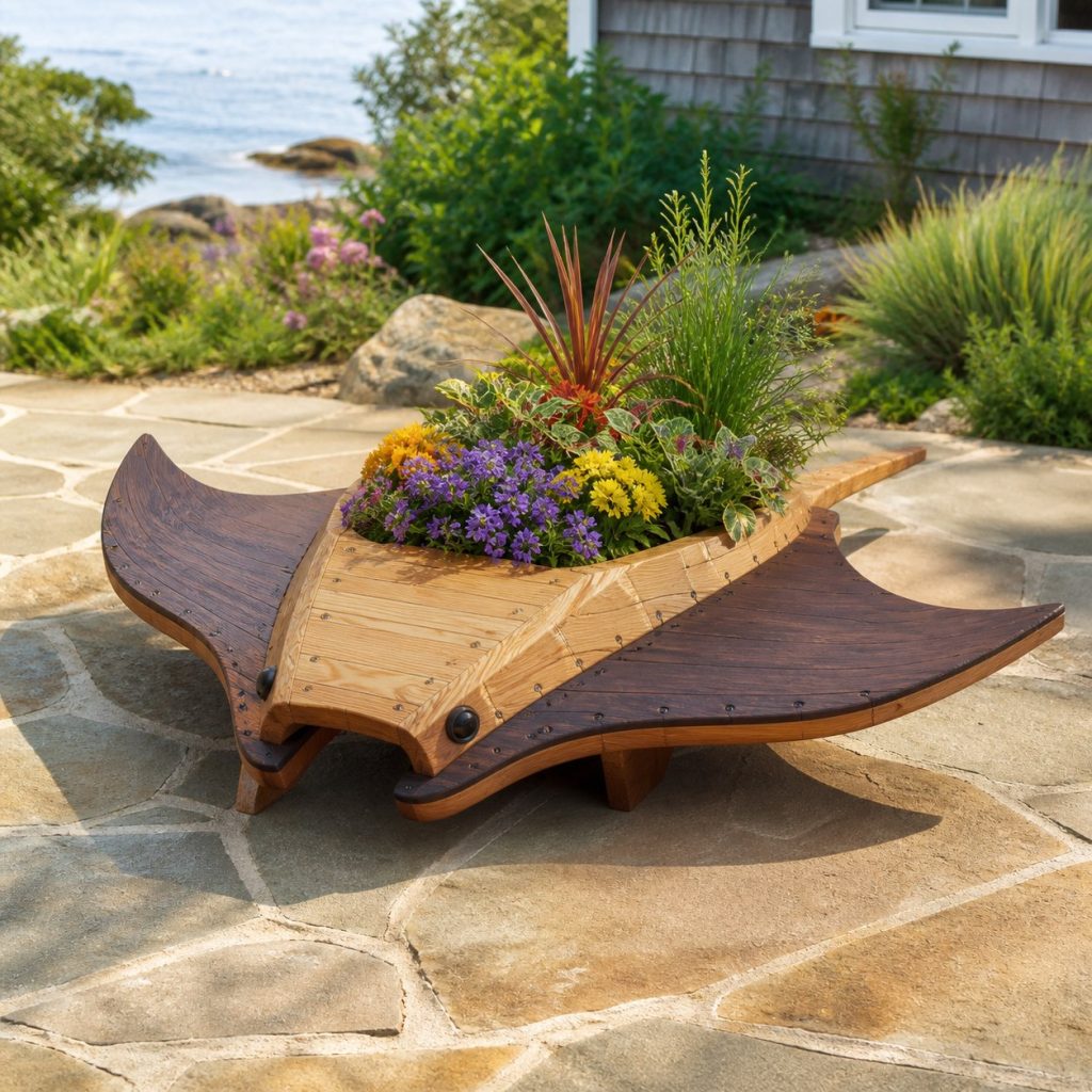 Two-Tone Cedar Stingray shown as a square photorealistic cedar stingray-shaped garden planter filled with flowers