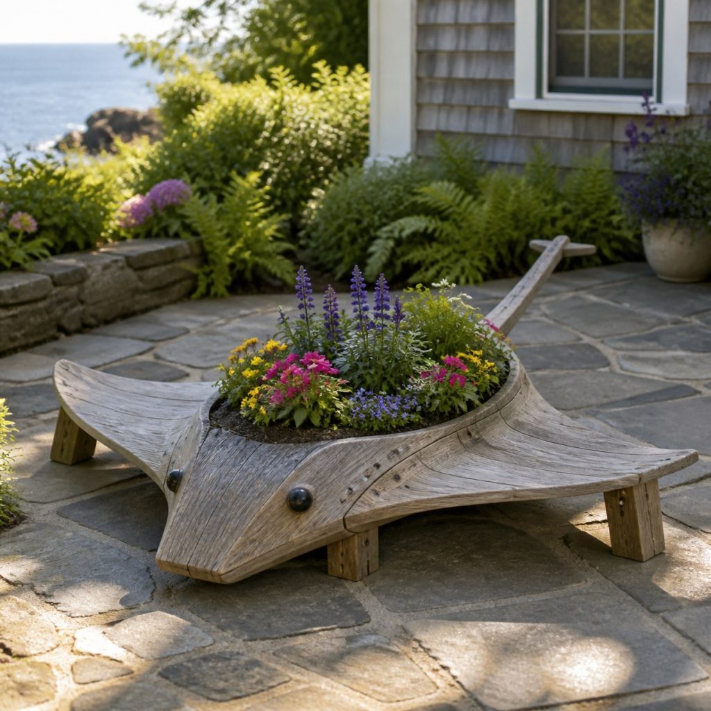 Weathered Cottage Stingray shown as a square photorealistic cedar stingray-shaped garden planter filled with flowers
