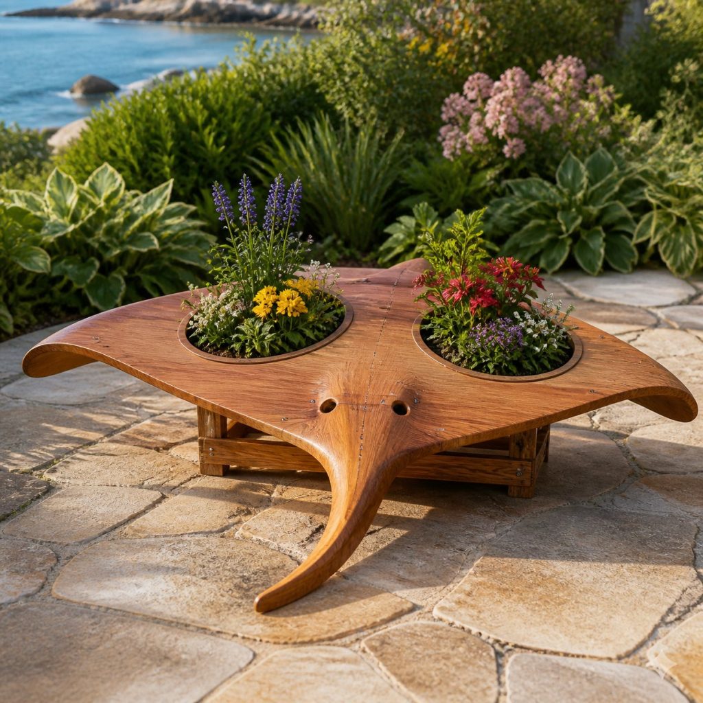 Stingray with Twin Flower Pots shown as a square photorealistic cedar stingray-shaped garden planter filled with flowers