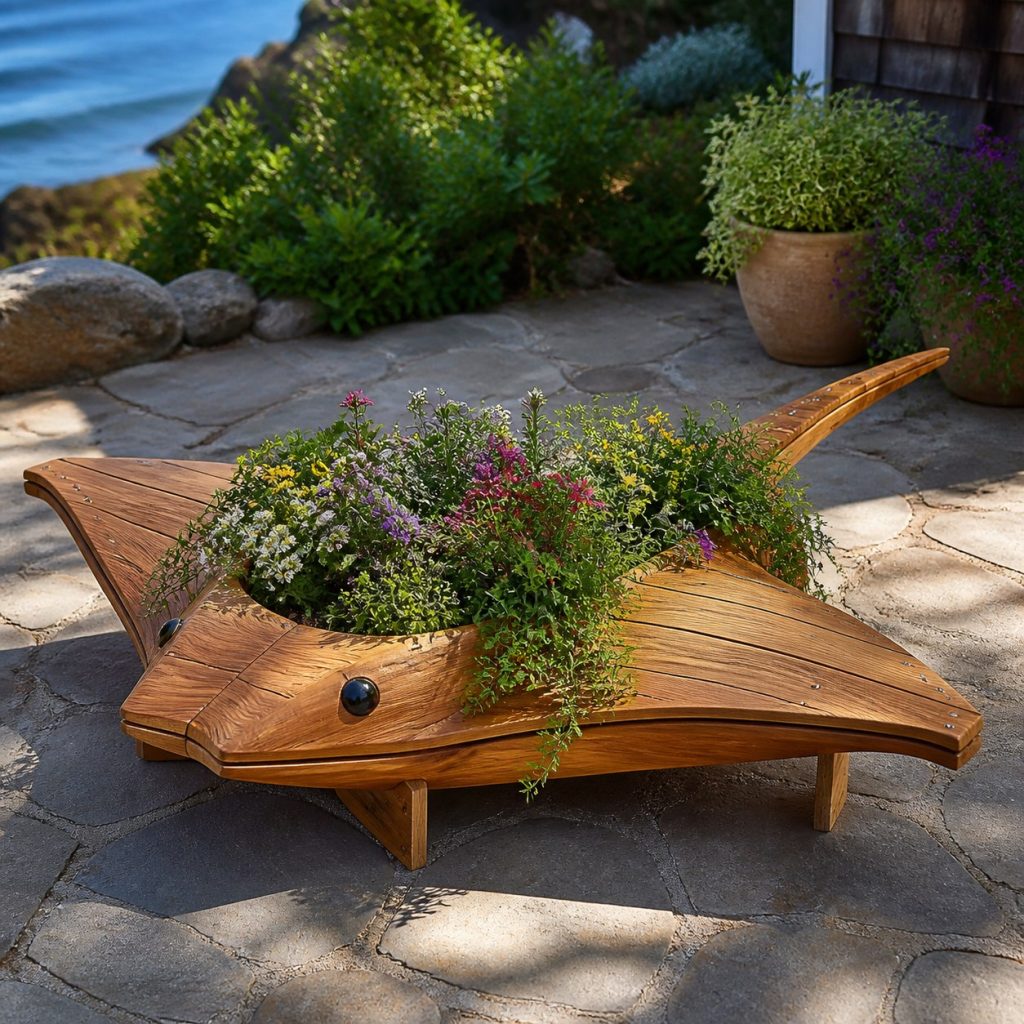 Trailing-Flower Stingray shown as a square photorealistic cedar stingray-shaped garden planter filled with flowers
