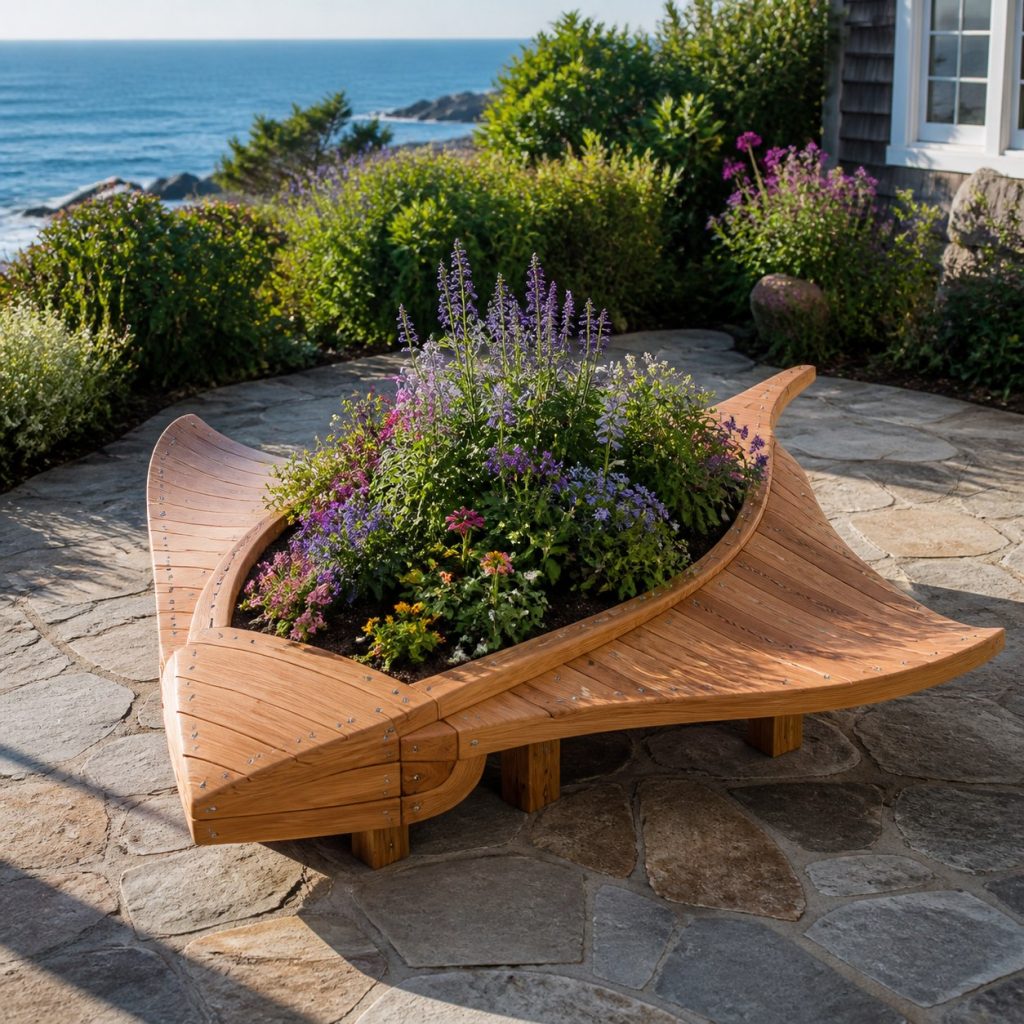 Large Grass-Filled Stingray shown as a square photorealistic cedar stingray-shaped garden planter filled with flowers