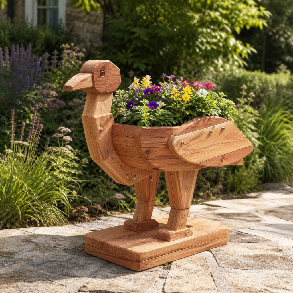 Classic Standing Cedar Stork shown as a square photorealistic cedar stork-shaped garden planter filled with flowers