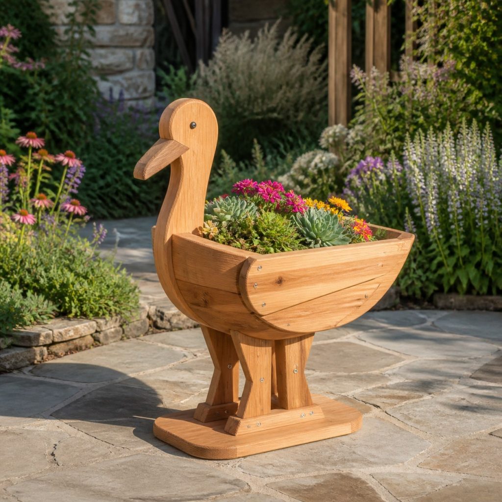 Compact Succulent Stork shown as a square photorealistic cedar stork-shaped garden planter filled with flowers