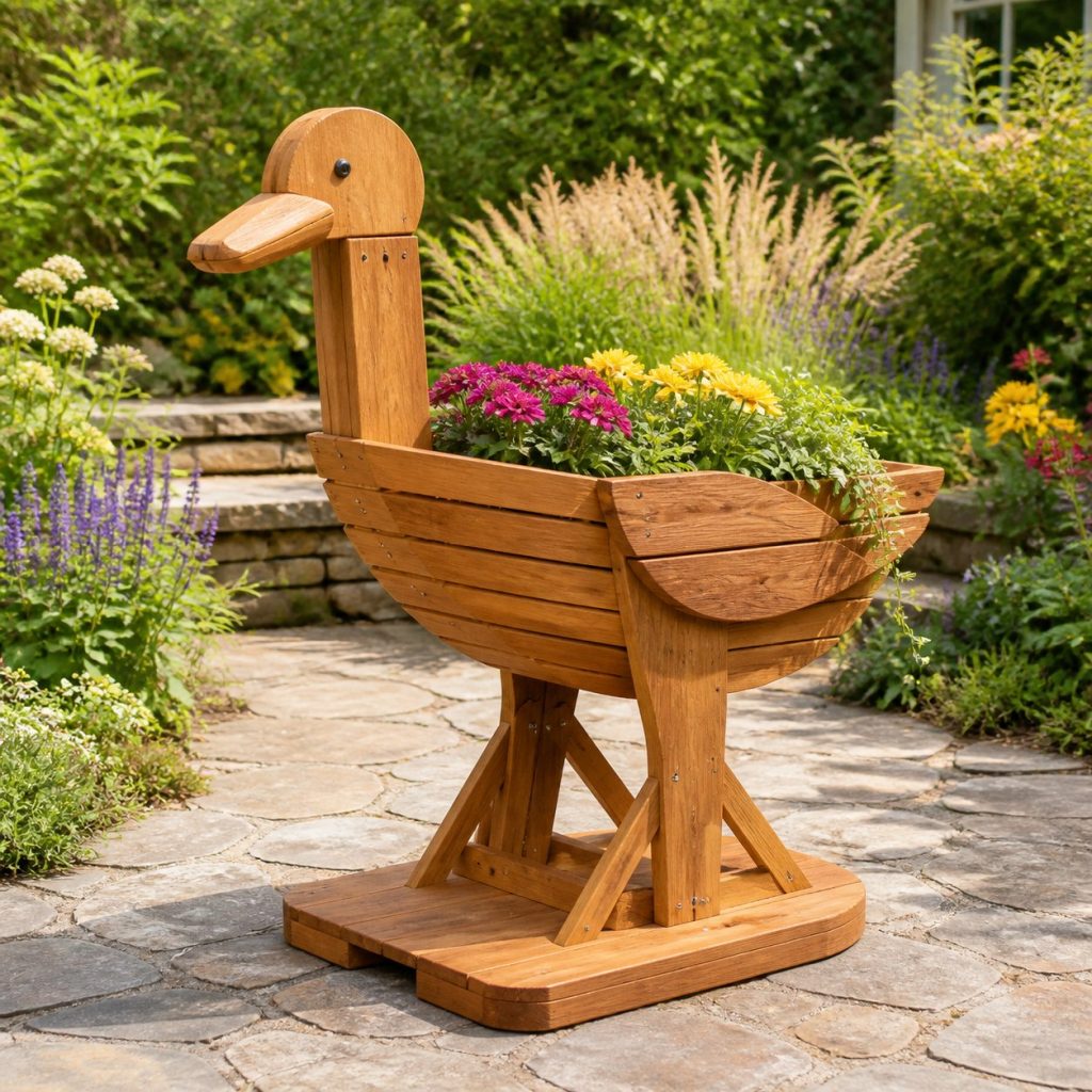 Slatted Herb-Trough Stork shown as a square photorealistic cedar stork-shaped garden planter filled with flowers