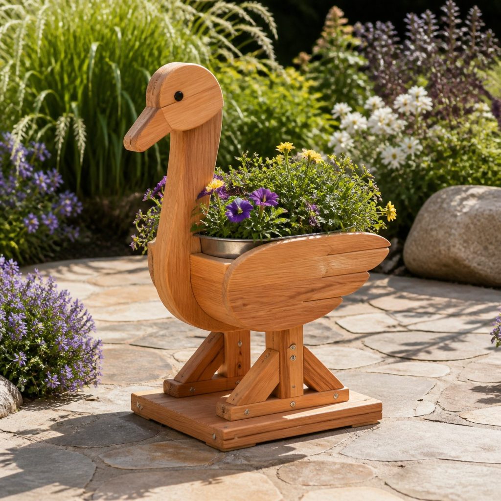 Stork with Galvanized Liner shown as a square photorealistic cedar stork-shaped garden planter filled with flowers