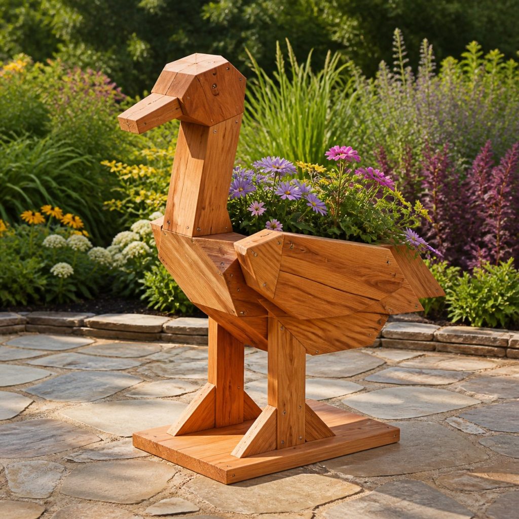 Modern Geometric Stork shown as a square photorealistic cedar stork-shaped garden planter filled with flowers