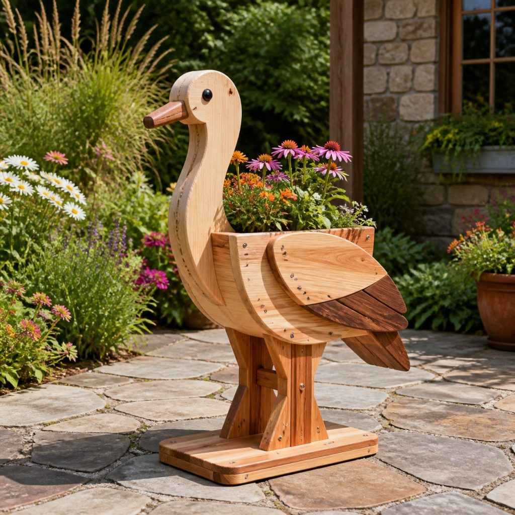Two-Tone Cedar Stork shown as a square photorealistic cedar stork-shaped garden planter filled with flowers
