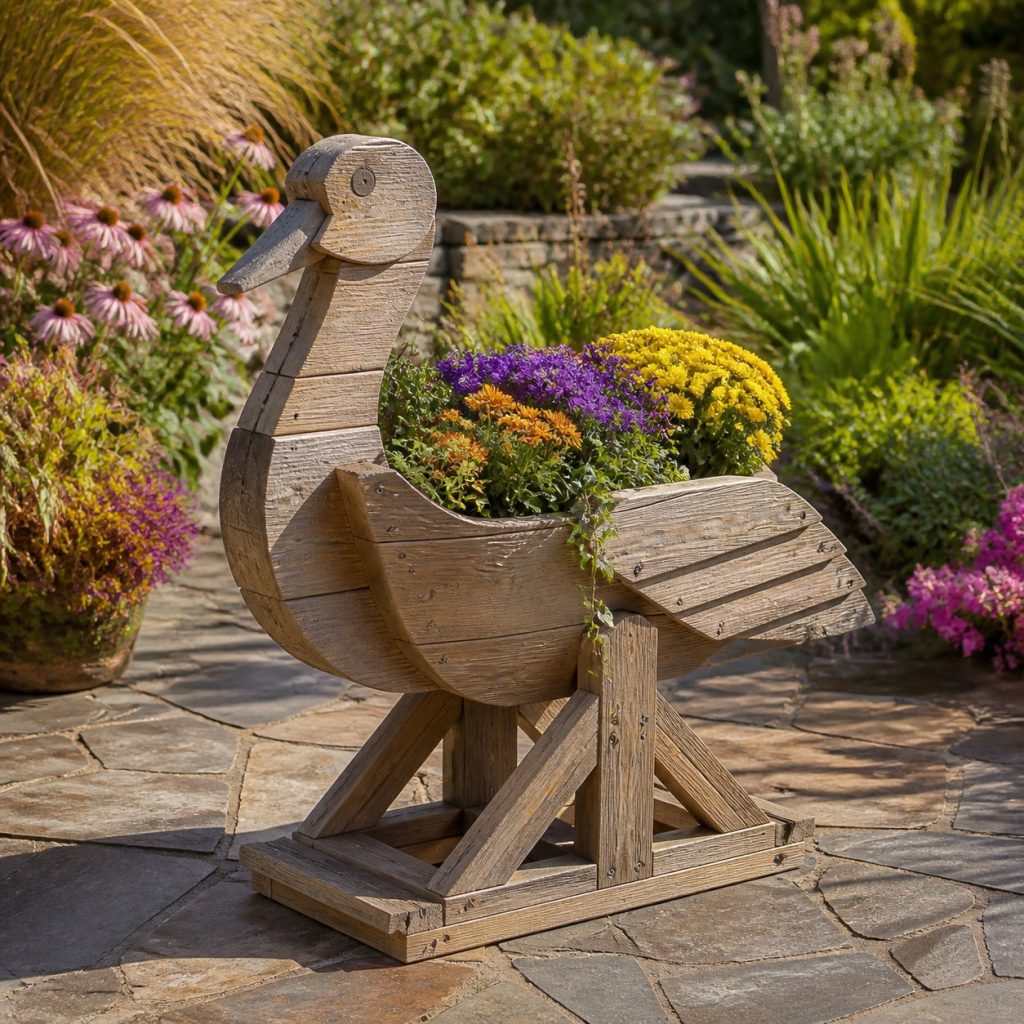 Weathered Cottage Stork shown as a square photorealistic cedar stork-shaped garden planter filled with flowers