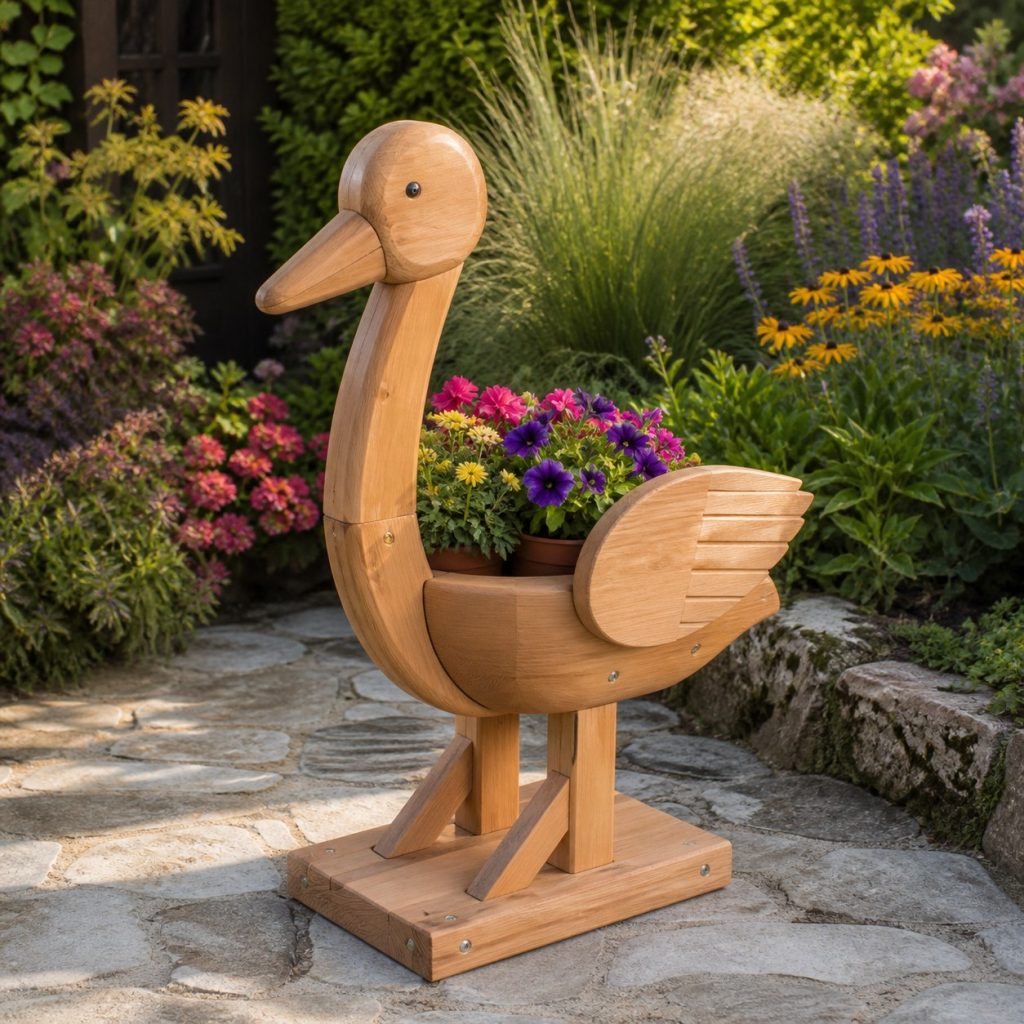 Stork with Twin Flower Pots shown as a square photorealistic cedar stork-shaped garden planter filled with flowers