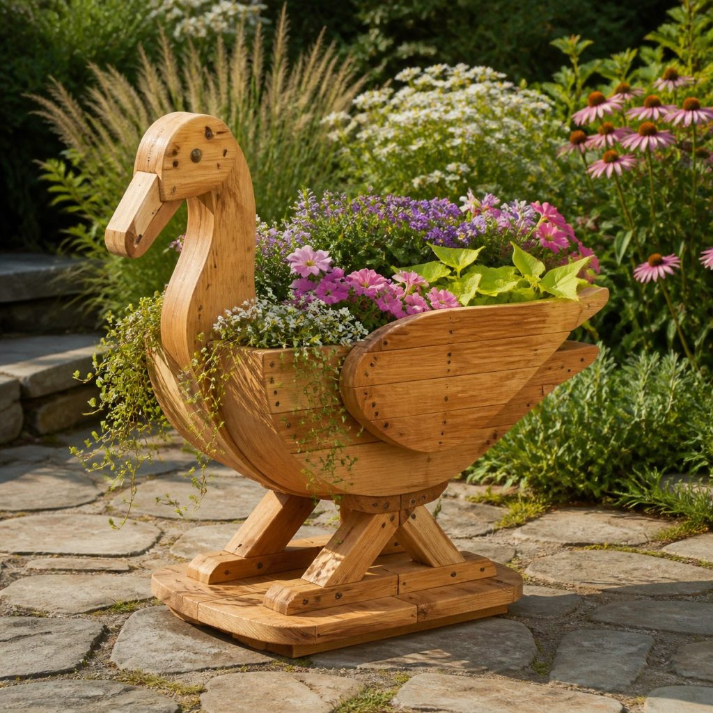 Trailing-Flower Stork shown as a square photorealistic cedar stork-shaped garden planter filled with flowers