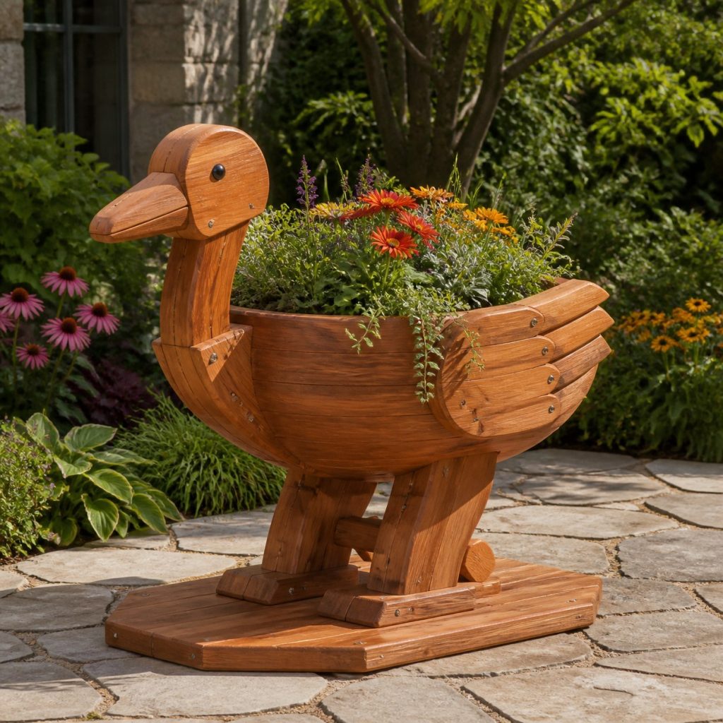 Large Grass-Filled Stork shown as a square photorealistic cedar stork-shaped garden planter filled with flowers