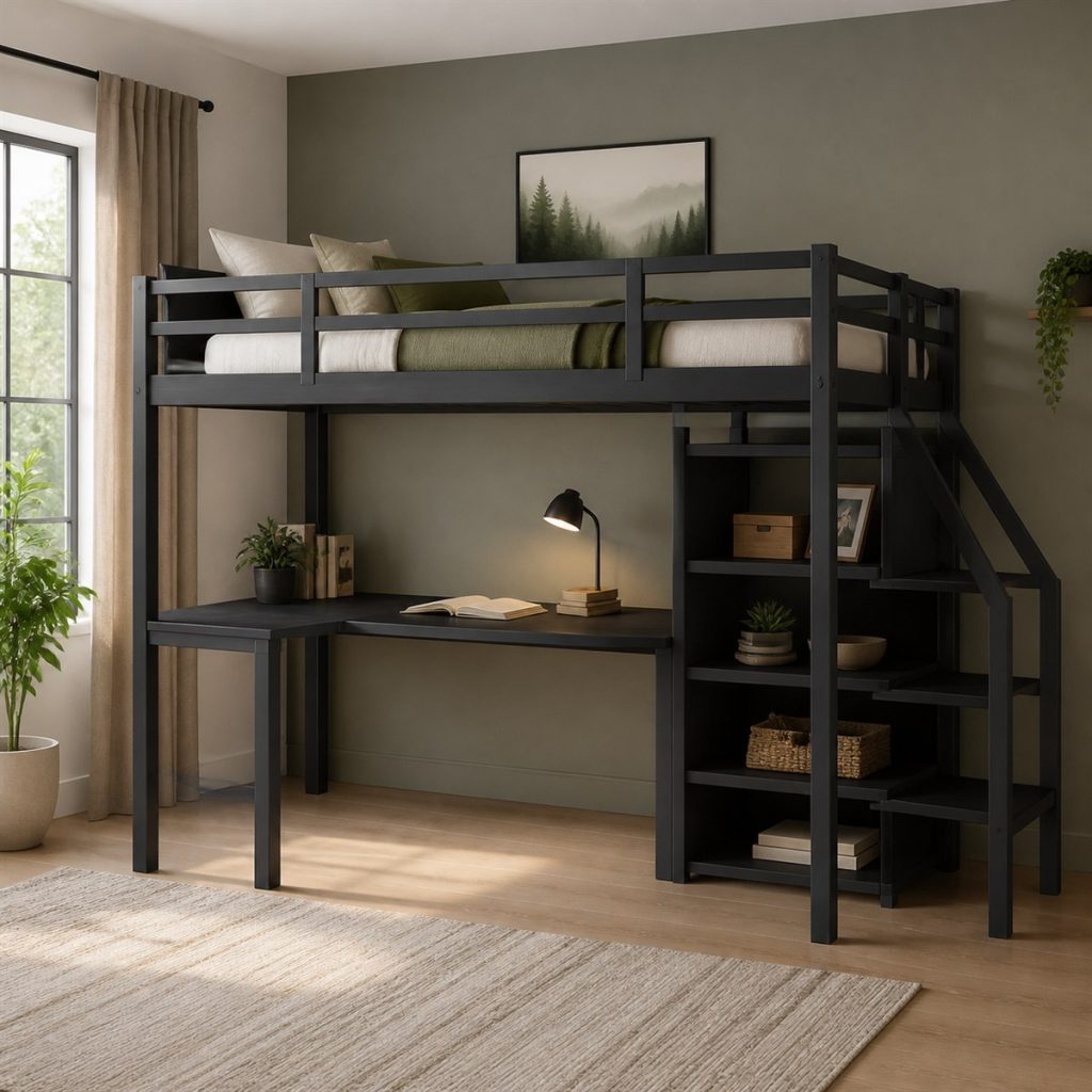 Black loft bed with grounded desk legs and stair shelving