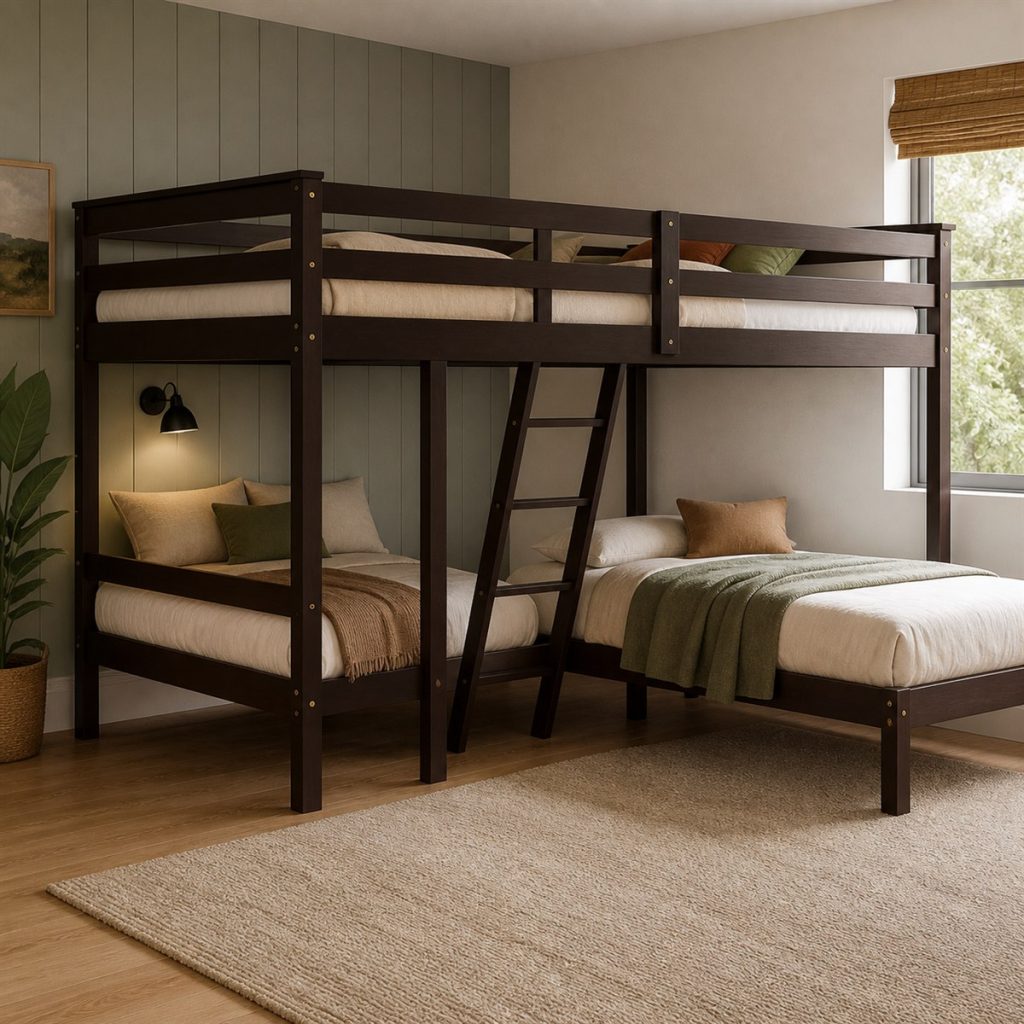 Espresso L-shaped triple bunk bed with three visible mattresses