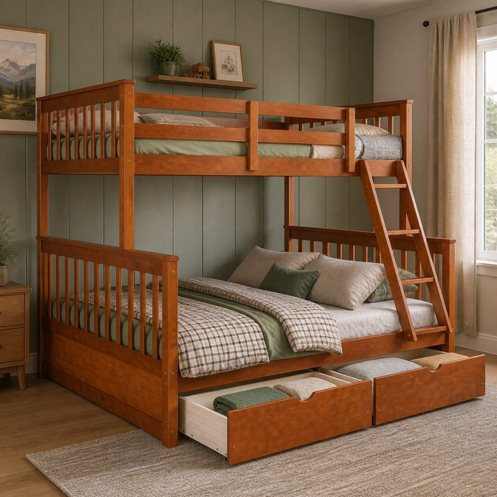 Warm wood twin-over-full bunk bed with two pull-out drawers