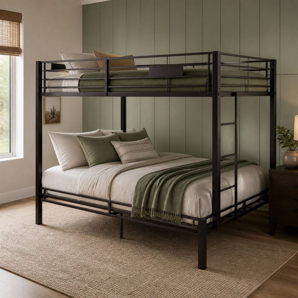 Dark metal twin-over-full bunk bed with vertical ladder
