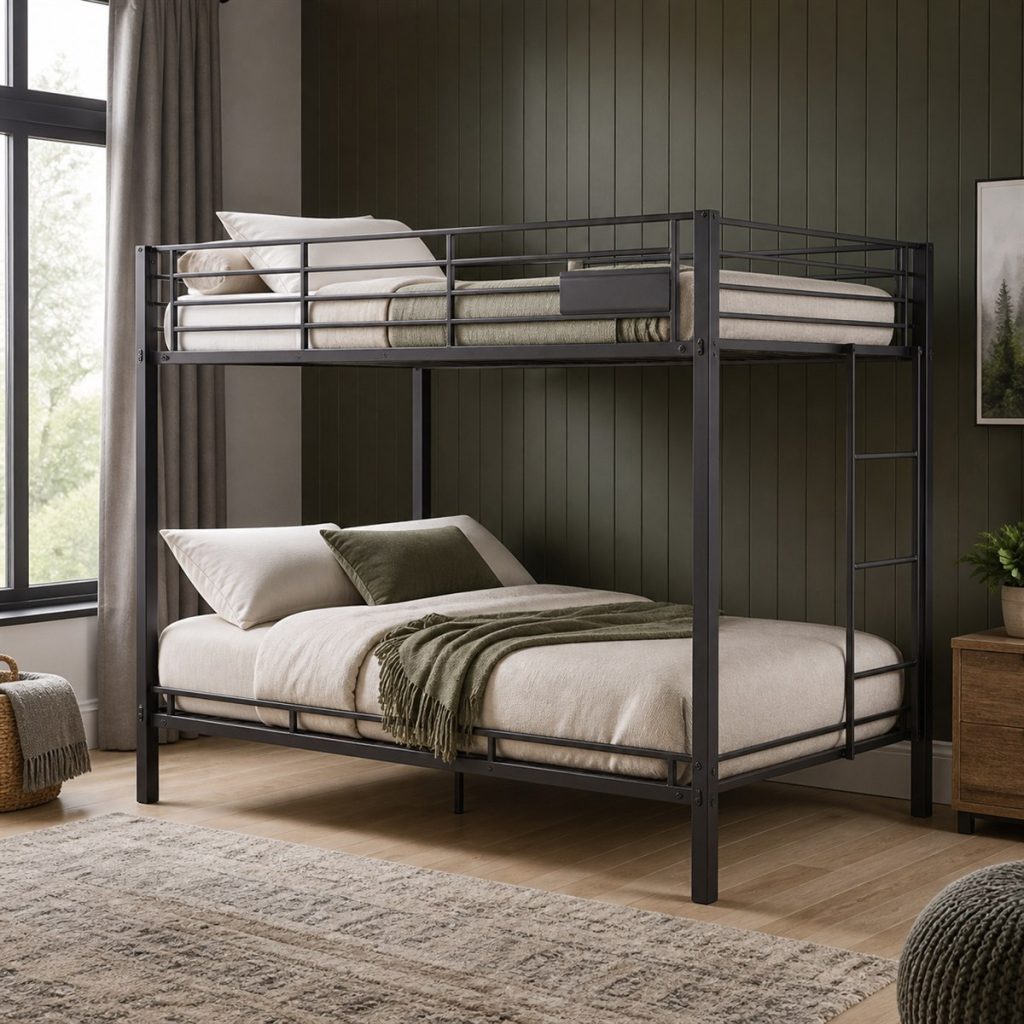 Graphite metal twin-over-full bunk bed with center support legs