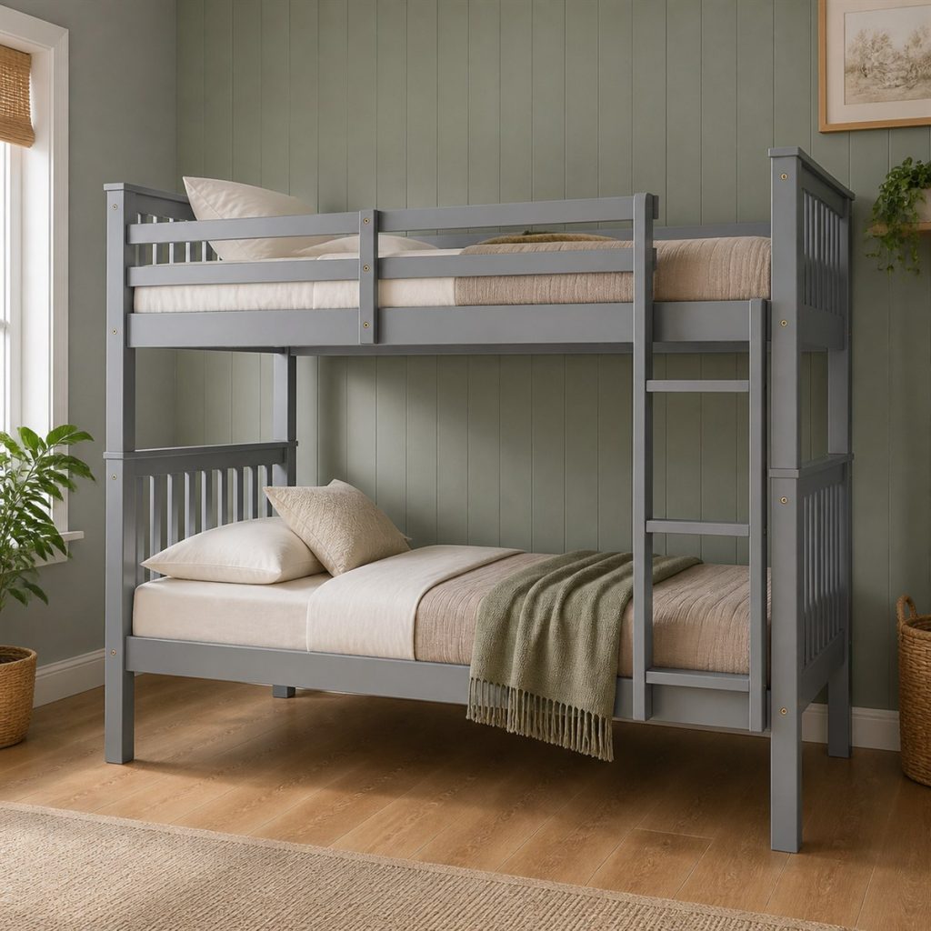 Gray wood bunk bed with integrated end ladder and grounded posts