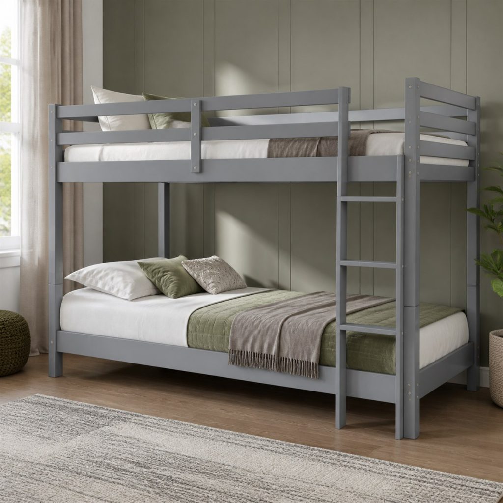 Soft gray bunk bed with front integrated ladder and full lower mattress
