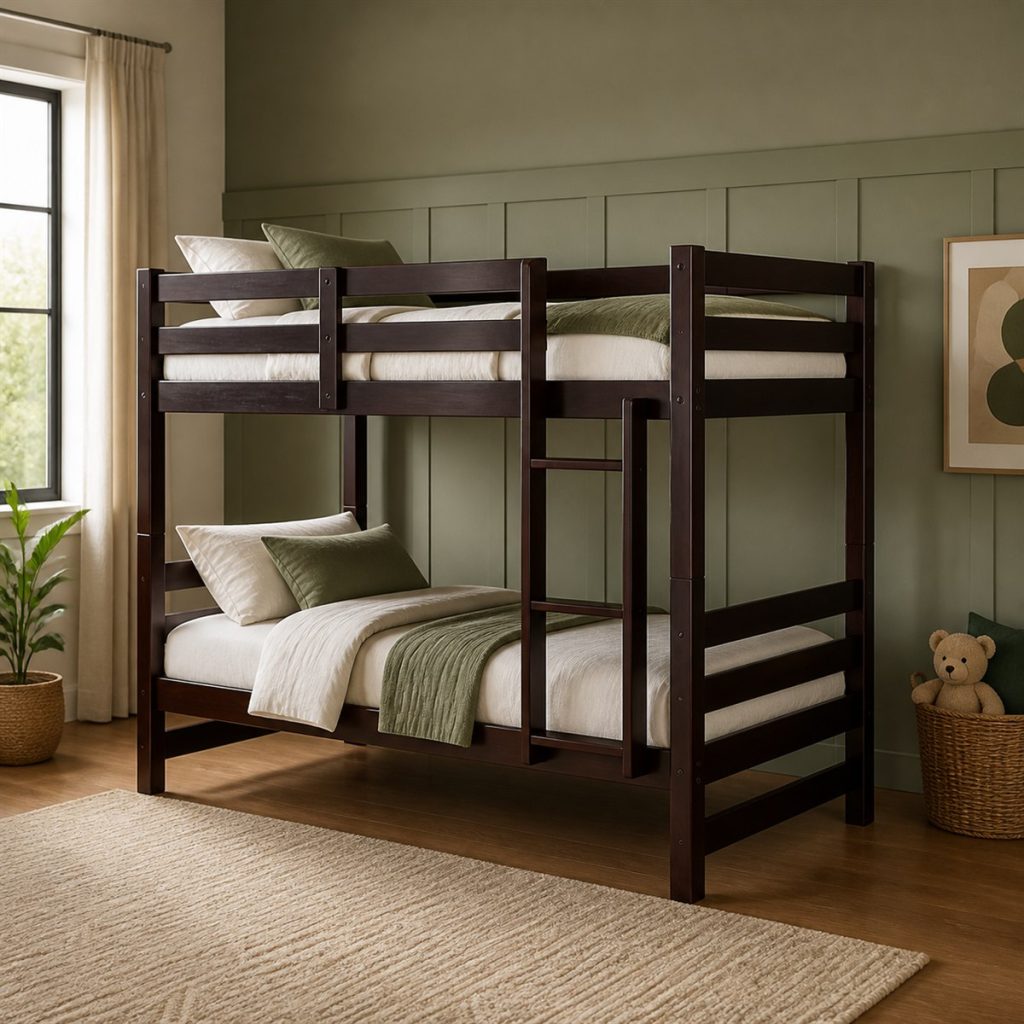 Espresso twin bunk bed with central ladder and straight corner posts