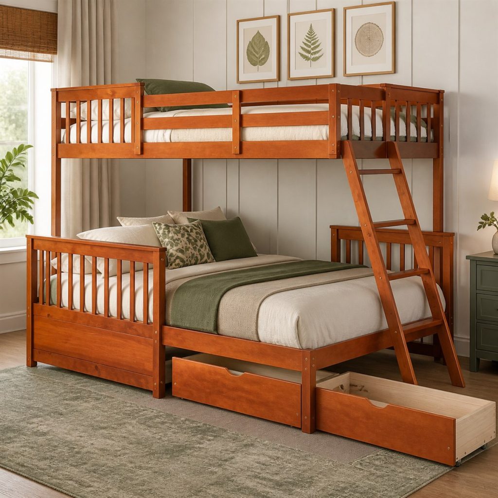 Warm wood twin-over-full bunk bed with leaning ladder and two drawers