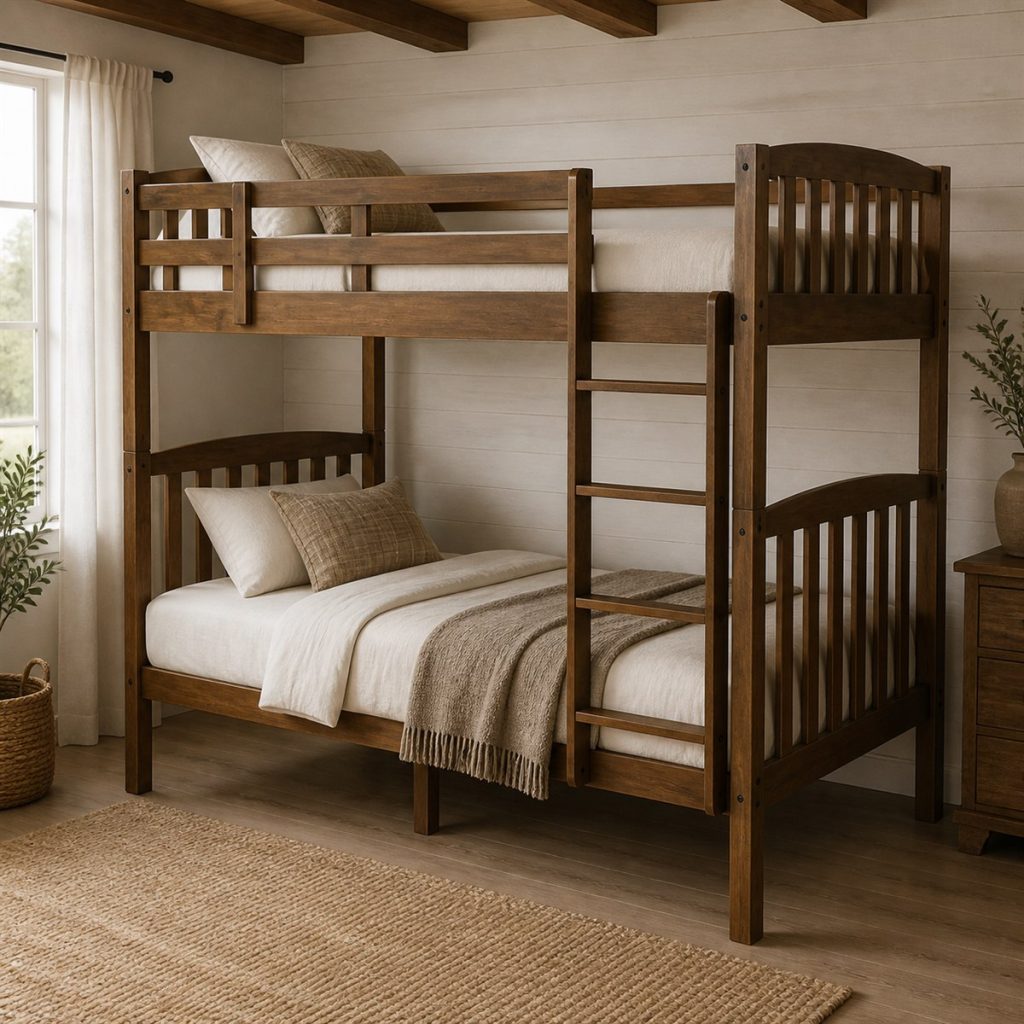 Solid Oak Bunk with Four Base Drawers shown as a square photorealistic sturdy storage bunk bed bedroom visualization