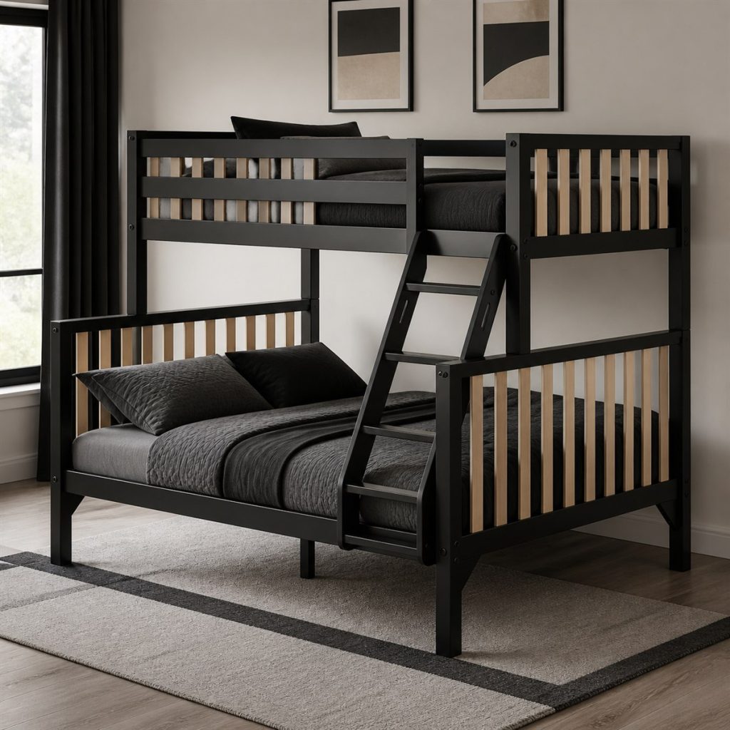 Espresso Bunk with Integrated Stair Storage shown as a square photorealistic sturdy storage bunk bed bedroom visualization