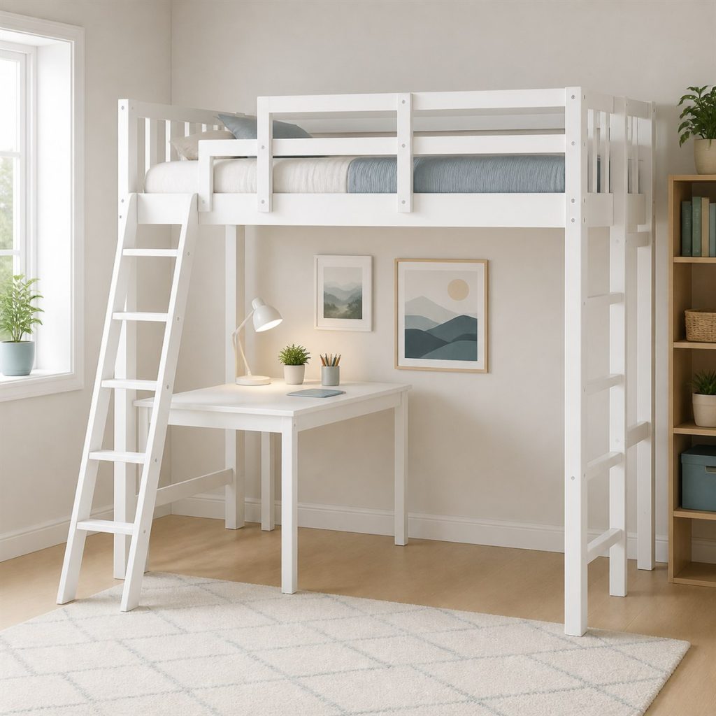Gray Twin-over-Full with Center Support shown as a square photorealistic sturdy storage bunk bed bedroom visualization