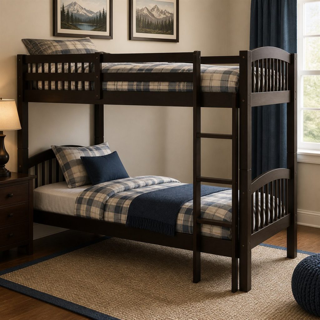 Walnut Bunk with Bookcase End shown as a square photorealistic sturdy storage bunk bed bedroom visualization